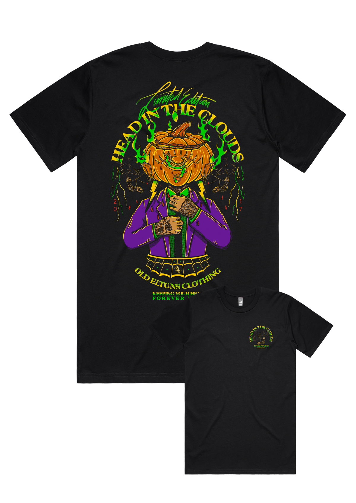 Head in the Clouds Halloween tee in black by Old Eltons Clothing, pumpkin head back print and small front print