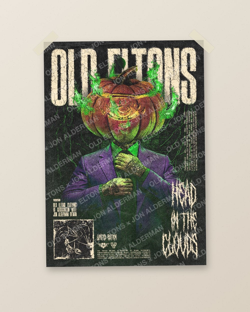 Old Eltons x Jon Alderman Design Halloween A4 art print, unframed, taped to a wall