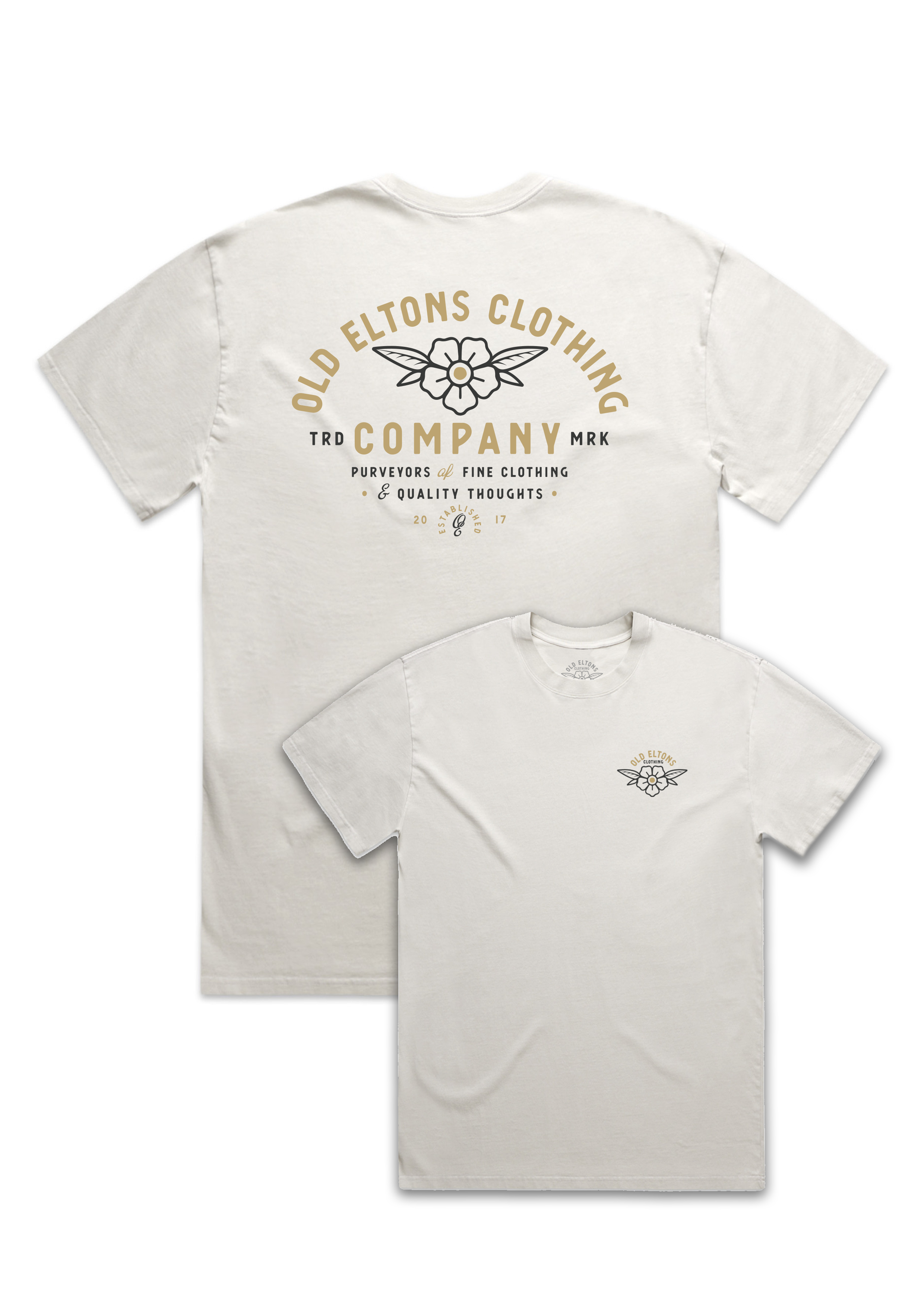 Two white t-shirts with graphic prints, one showcasing the front design and the other the back design, both on a white background.
