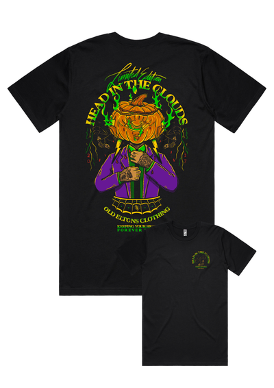 Head in the Clouds Halloween tee in black by Old Eltons Clothing, pumpkin head back print and small front print
